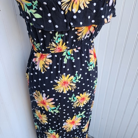 Bongo Maxi Dress Womens Black Yellow Sunflower Strapless Chic Floral Ruffle Sz S - Picture 6 of 13
